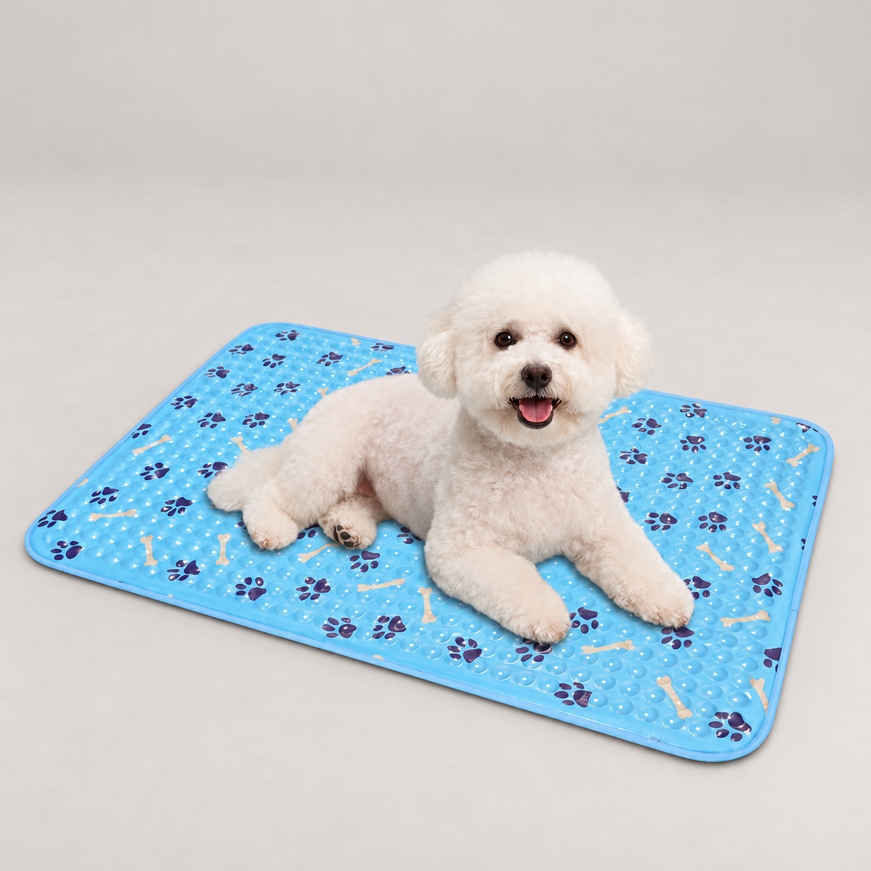 HAIYA blue paw-print hydrogel cooling mat with a resting dog; edited product illustration